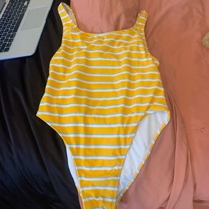 yellow bathing suit with stripes
